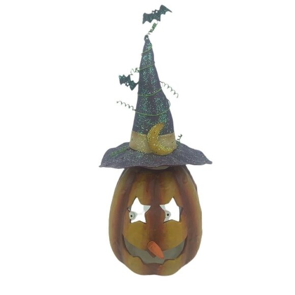 Halloween Jack-O-Lantern Pumpkin Tea Light Candle Holder Witch Hat Bats Ceramic - Picture 1 of 12
